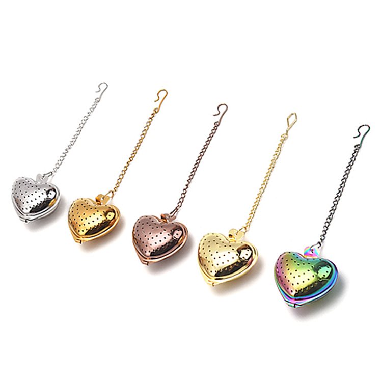 colorful heart shaped stainless steel tea strainer infuser with hanging chain