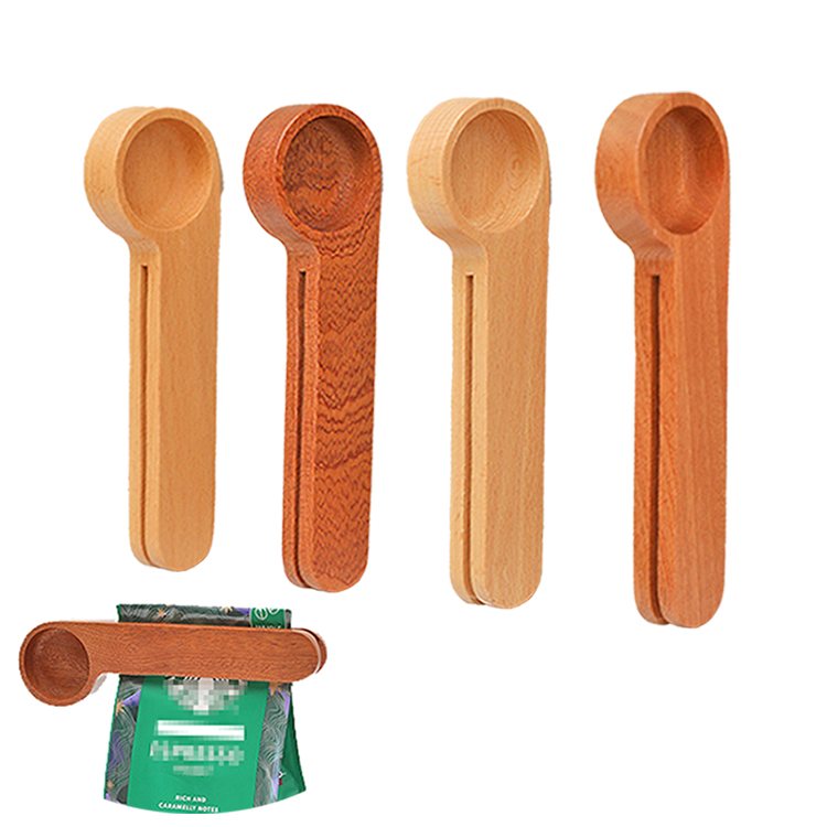 Wooden spoon for tea coffee food with sealing bag clip