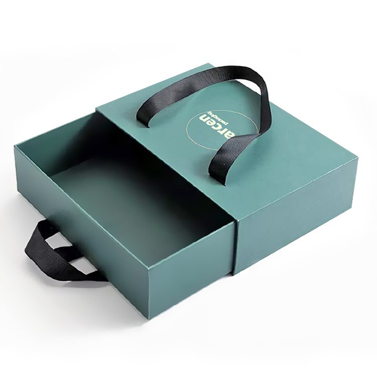Custom printing hard cardboard sliding drawer box with ribbon handle