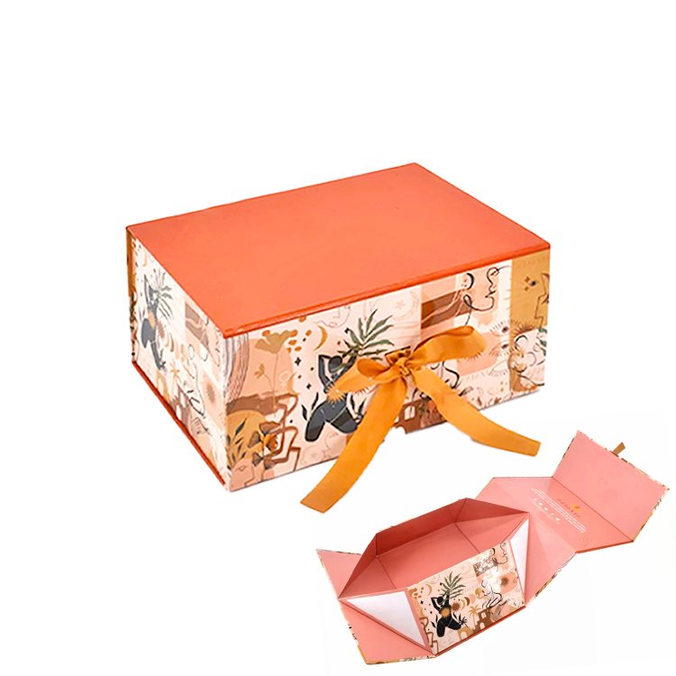 Gift packaging folding magnetic flip paper box with ribbon