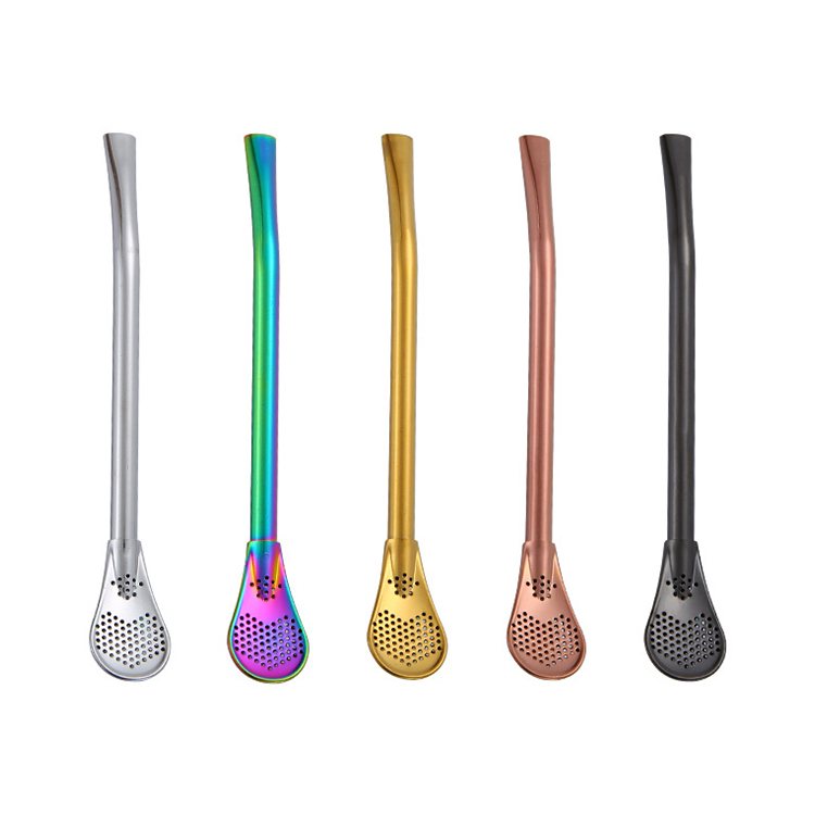 Creative 304 stainless steel teaspoon colorful golden flower tea stirring straw spoon