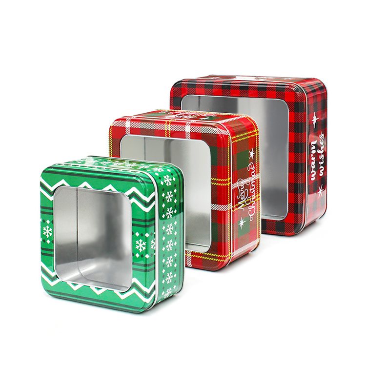 Christmas Gift Square Tin Box With Clear Window Lid Transparent Top Metal Case