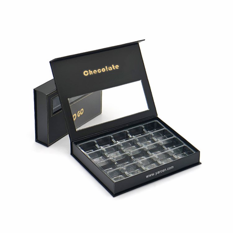 Transparent Top Lid Cardboard Boxes Magnetic Flip Clear Window Chocolate Paper Box with 20 Grid Pvc Blister Tray Dividers